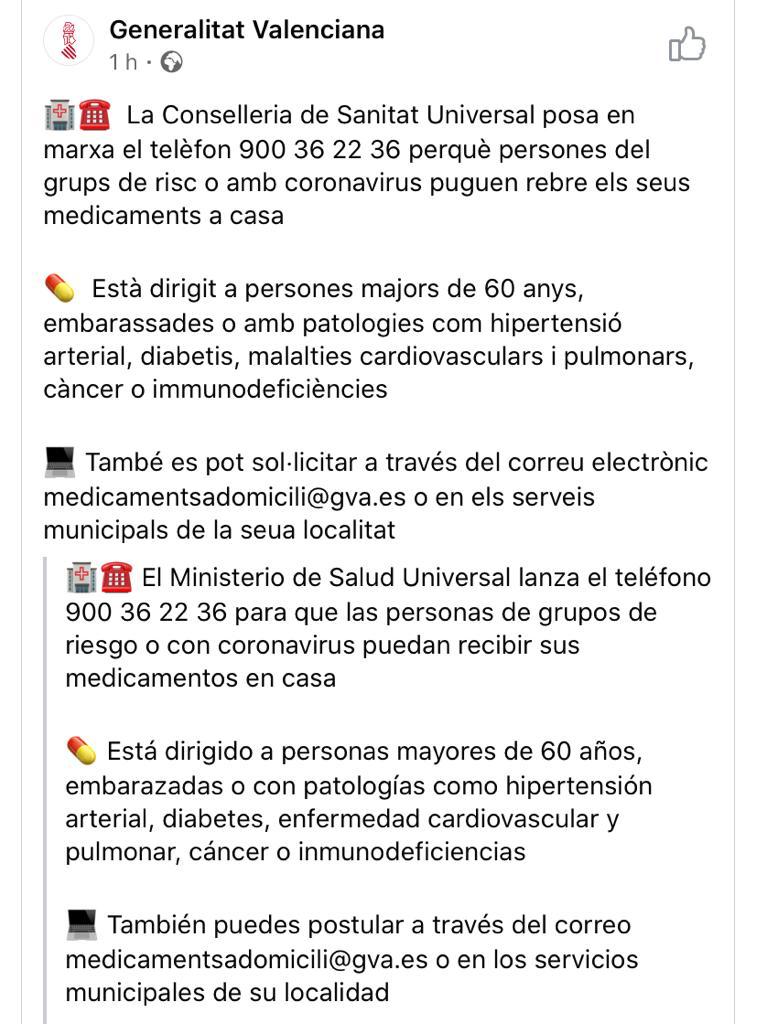 COMUNICADO GENERALITAT VALENCIANA