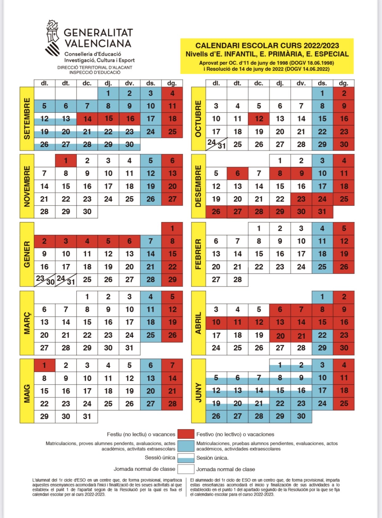 CALENDARIO ESCOLAR INFANTIL/PRIMARIA