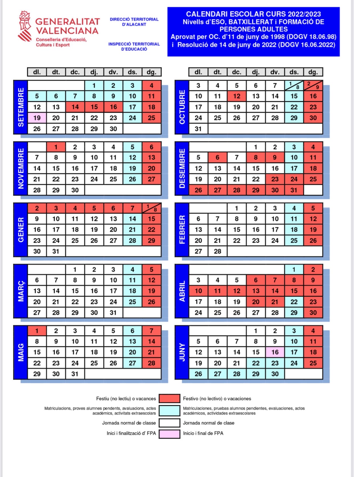 CALENDARIO ESCOLAR PERSONAS ADULTAS